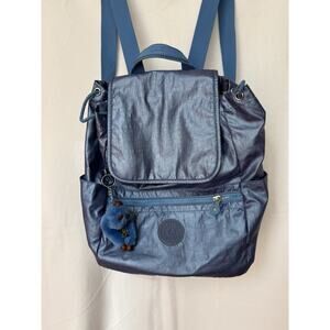 Kipling Medium Size Backpack With Furry Monkey In Metallic Blue